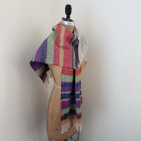 Vintage LL Bean John Hanley Scarf 100% Lambswool Stripes Gray Fringe Ireland - Picture 2 of 10